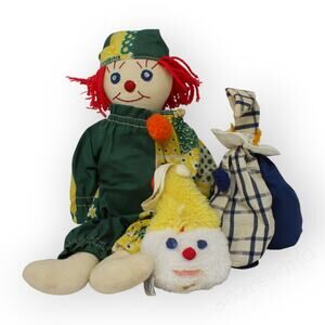 Lot of 3 Vintage CLOWN Dolls EdenWindUpFace HandmadePatchwork Jester Creepy!
